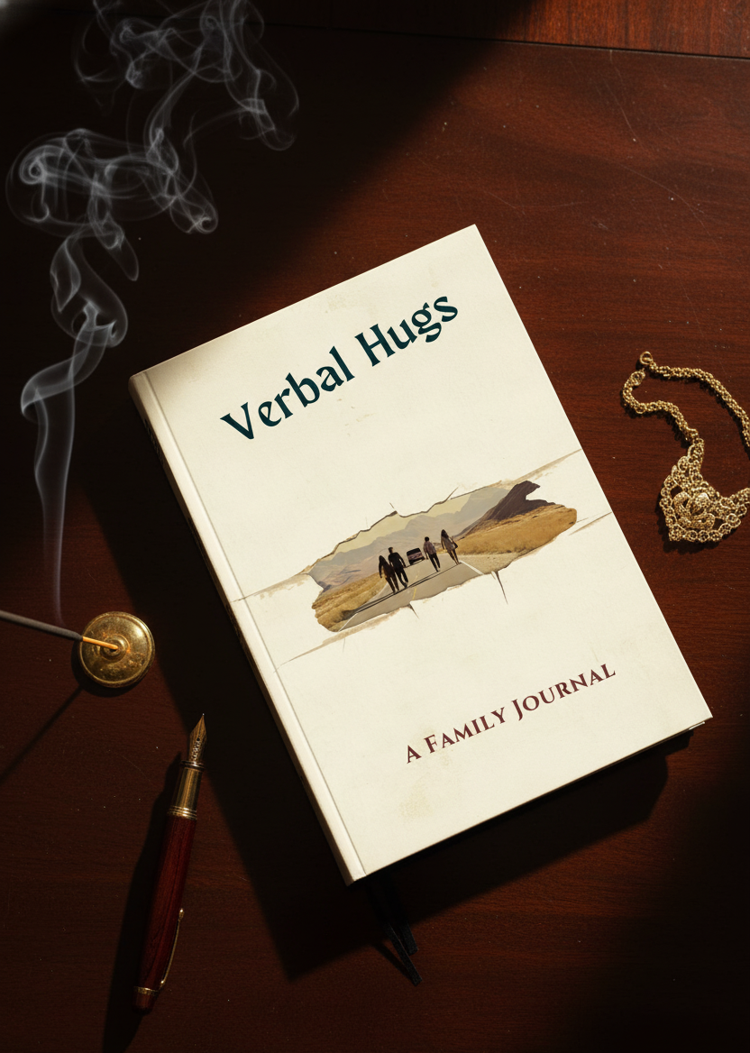 Book titled 'Verbal Hugs: A Family Journal' on a wooden surface with a pen and decorative item.