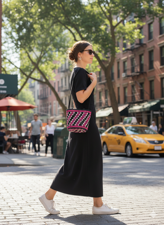 Pink and Black Beaded Barrel Bag