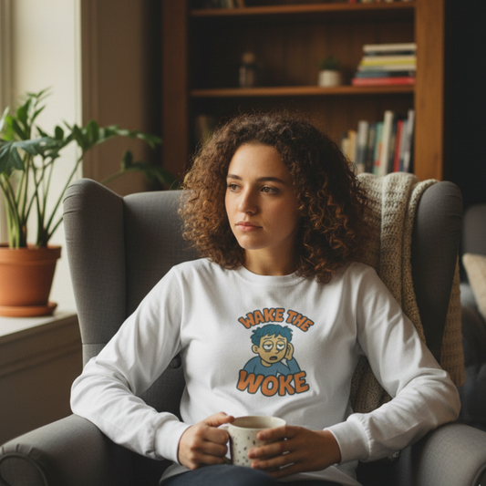 Woman sitting in a chair holding a mug, wearing a white sweatshirt with a graphic design.