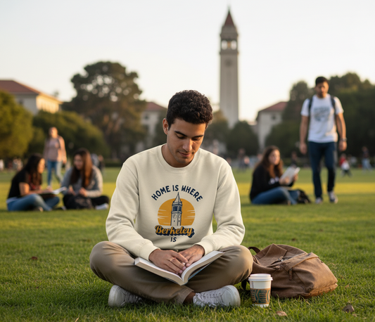 Person sitting on grass reading a book with a clock tower in the background